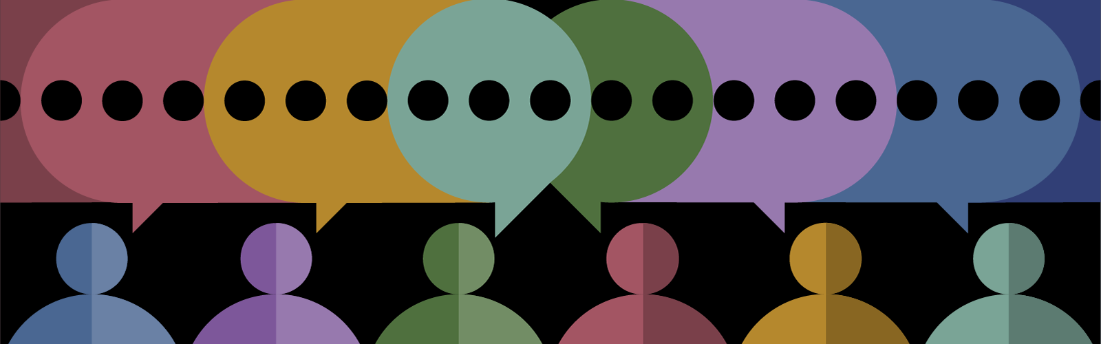 Graphic illustration of six people-shaped figures in different colours producing speech balloons that interconnect and overlap above them.