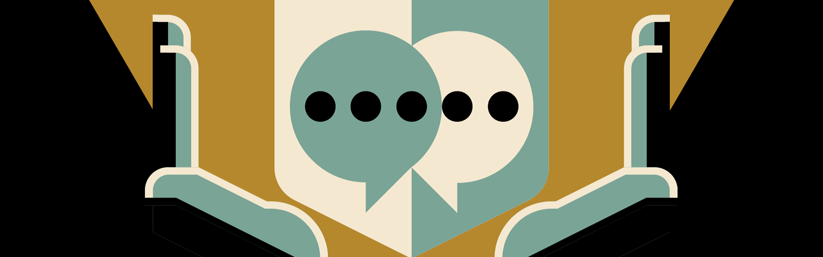 Graphic illustration of two hands held up around two overlapping speech bubbles