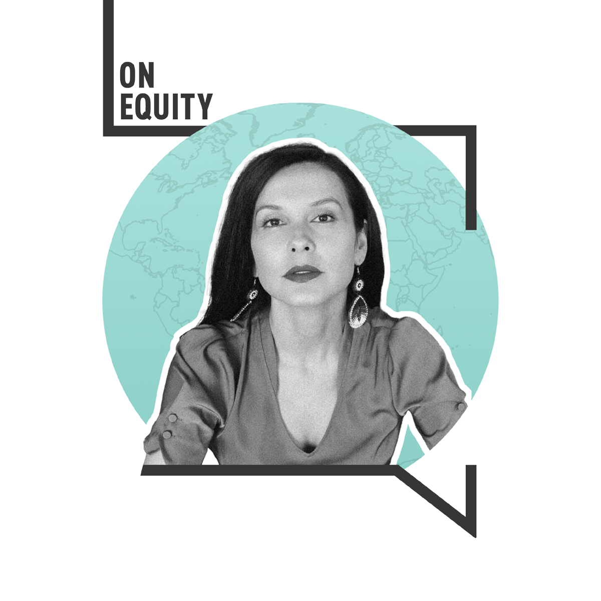 A black and white headshot of Melina Laboucan-Massimo on a teal circle inside the black outline of a speech bubble with the text "On Equity" in the top left corner.