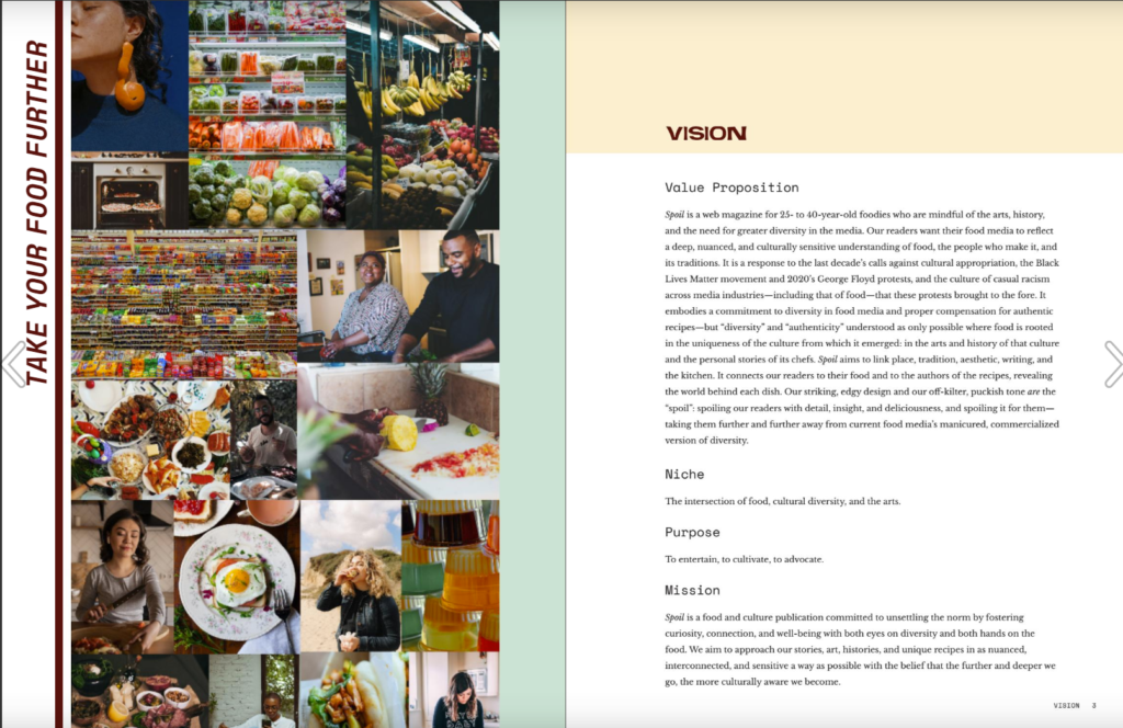 Pages from the Spoil Magazine business plan, including the vision and value proposition