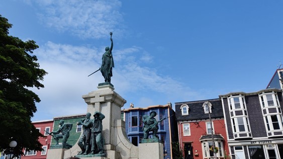 Statues and colourful houses in St. John's Newfoundland