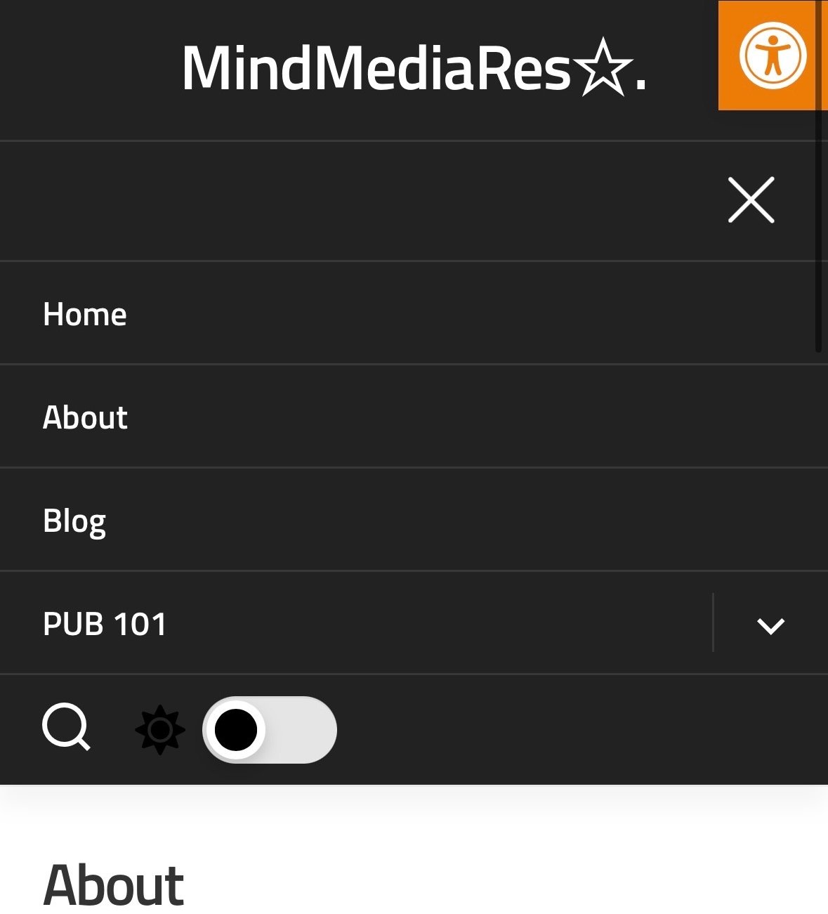 A screenshot of Mercy's Website, Mind Media Res, which he created for the PUB101 course this Spring. 