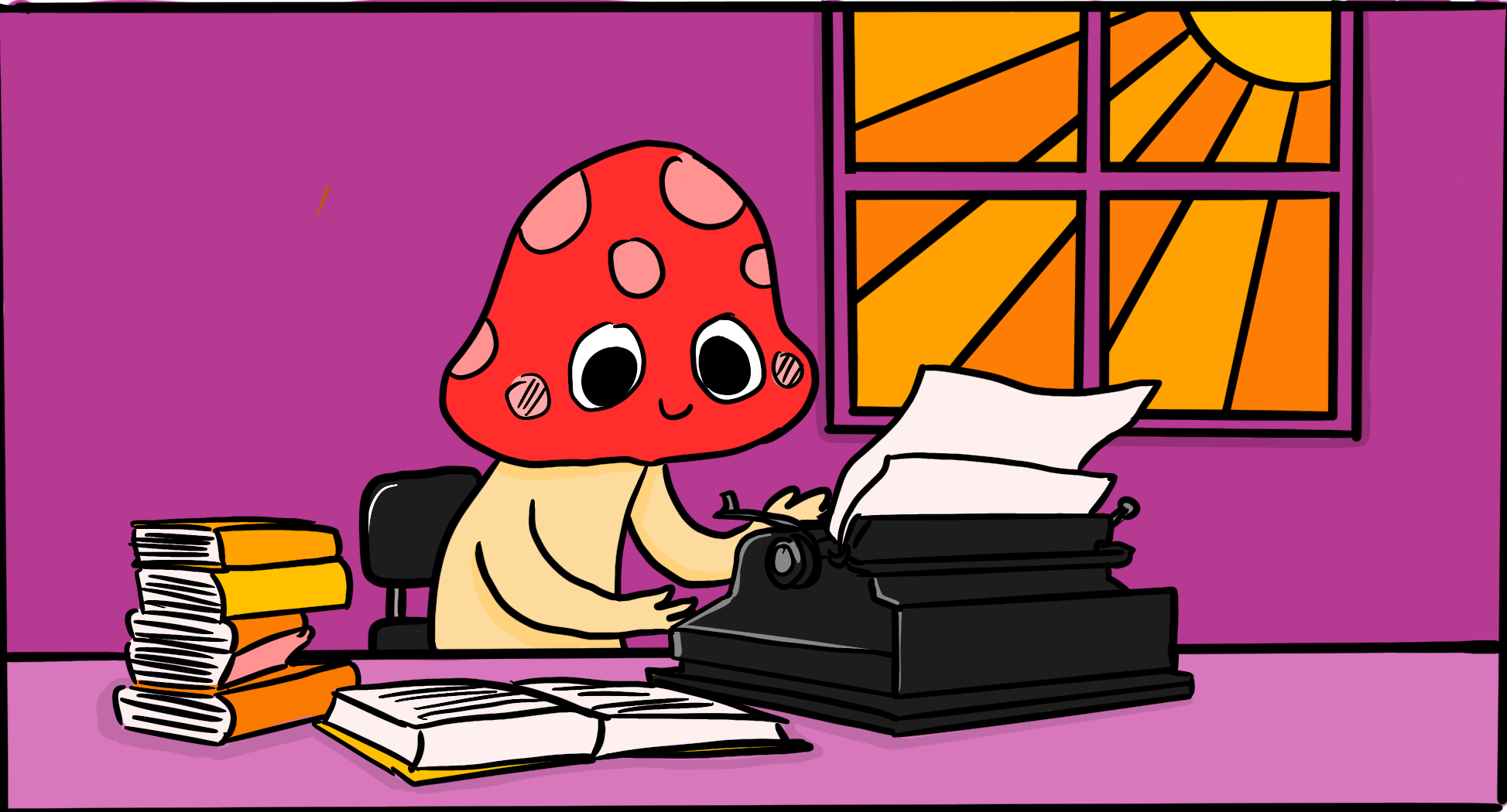 Button sitting in a purple office using a typewriter. There is an open book beside him along with a pile on books on the table. A window behind him shows the sun shining brightly. 