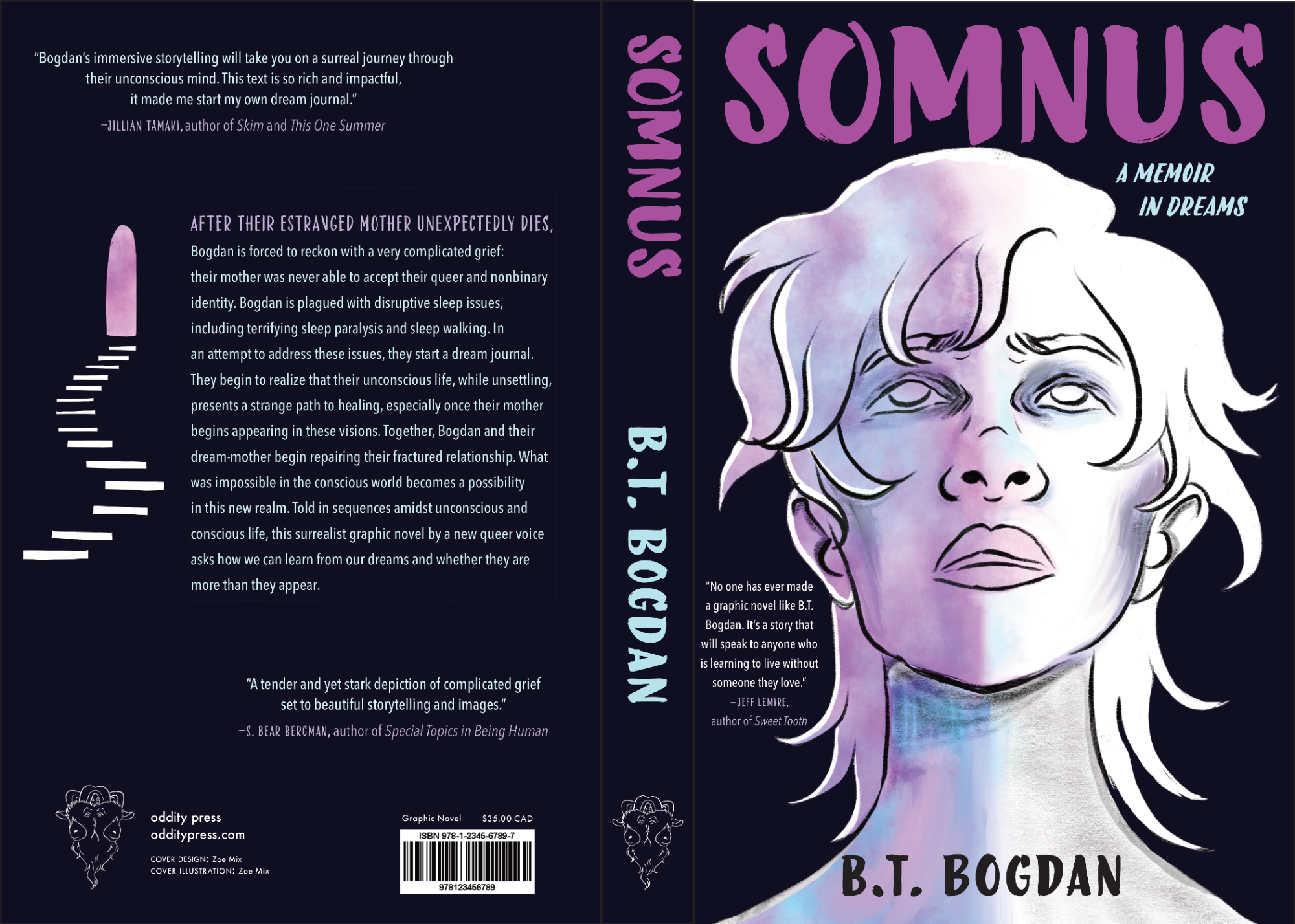 A black and purple book cover design featuring an illustration of a person's face in shades of purple and white. The book title reads, SOMNUS and includes a description of the memoir along with quotes and reviews about the graphic novel. The author is B.T. Bogdan, and the the story follows Bodgan personal grief following their estranged mother's unexpected death.  