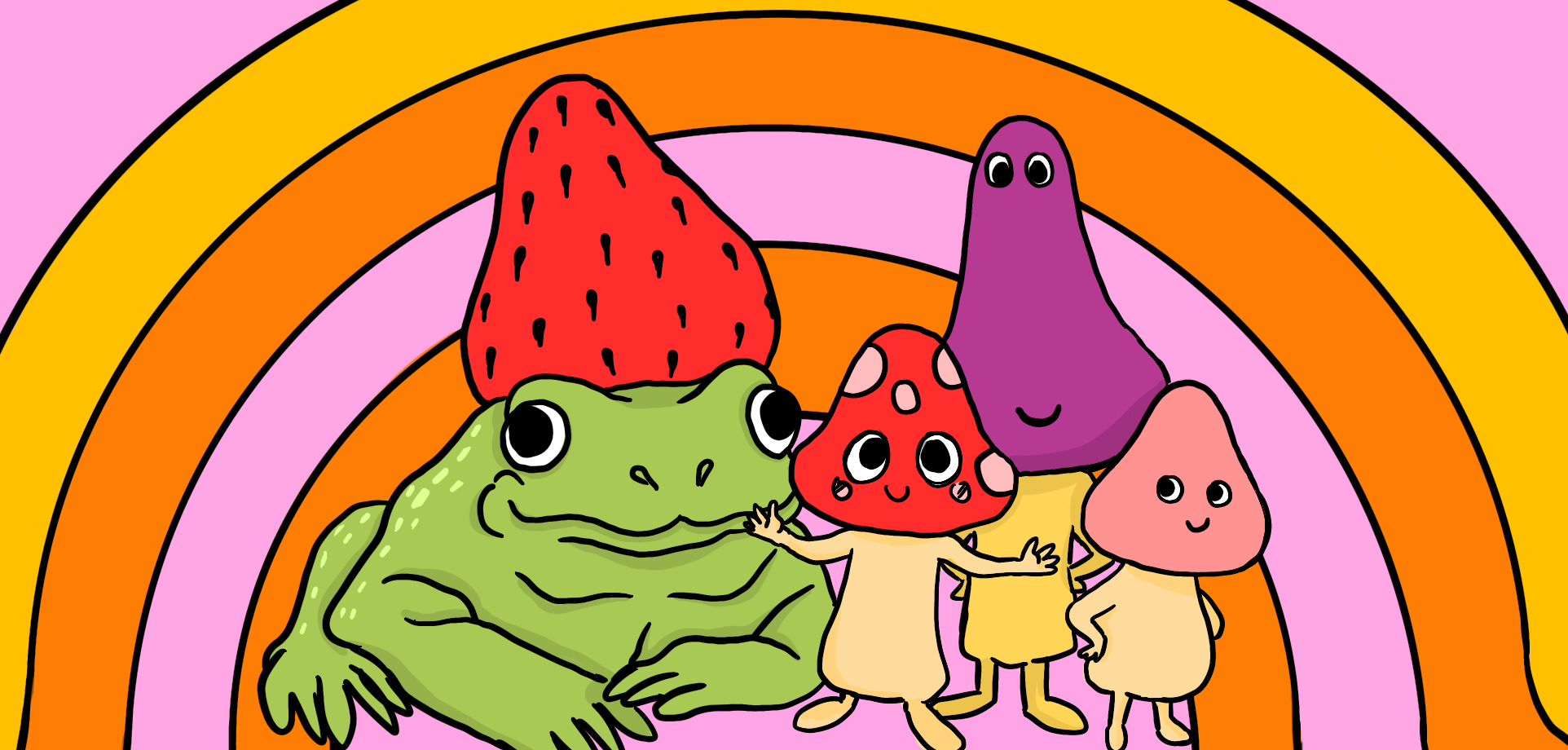 An illustration that Zoe made for Symbi, a website her group created for their Media Project in Term 2. The mushroom, in the centre, is Button, and he and his mushroom friends (including a frog) are cheerleaders for the writers in the online community. The colourful illustration features four mushroom heads. 