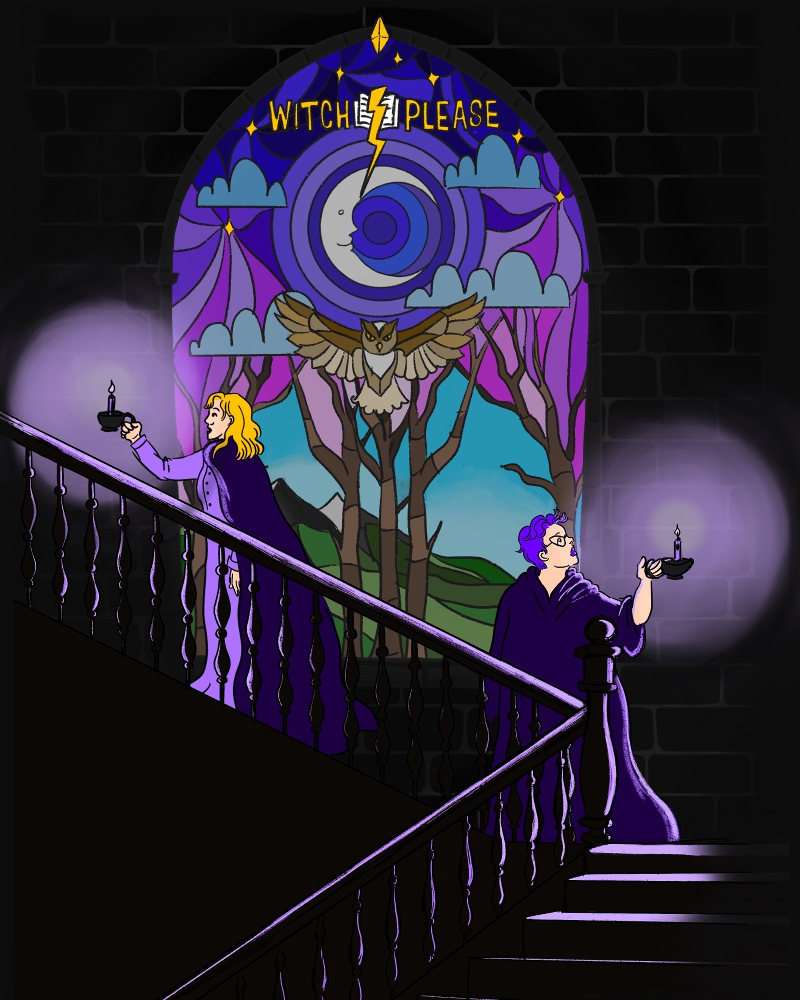 An illustration the hosts of Witch, Please, Marcelle Kosman and Hannah McGregor, wearing purple cloaks, holding lanterns and standing on a stairwell, looking on opposite directions. Behind them is an arched window with an illustration of a trees, mountains, the sky, blue clouds, and a crescent moon. Above it is a "Witch Please" banner in yellow with a book and a lighting bolt running through it. Under the moon, at the center is a brown owl with its wings spread out. 
