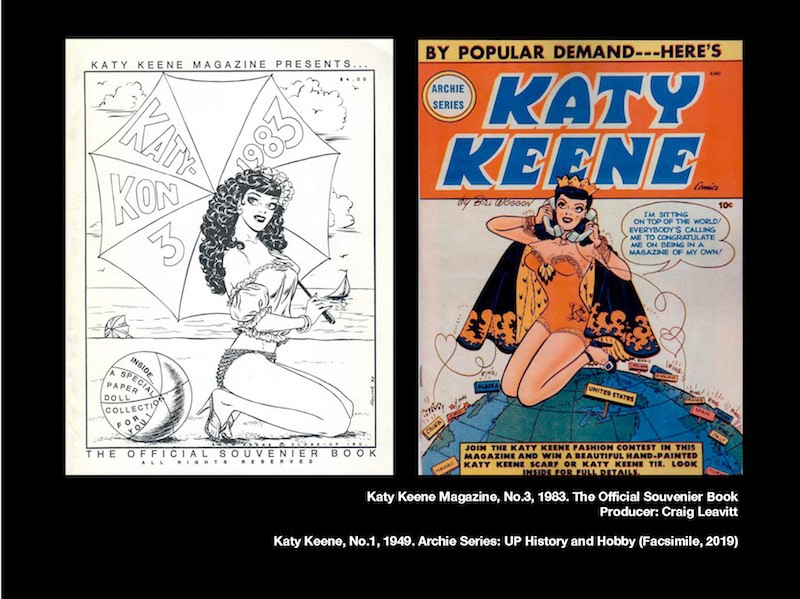 Pages and cover from Katy Keene no. 3, 1983. The first page shows a line drawing Katy in stylish swim attire on the beach with a large umbrella. The second image of the cover shows Katy in a one-piece bathing suit with a crown and a cape, on top of a globe, talking in two telephones.  
