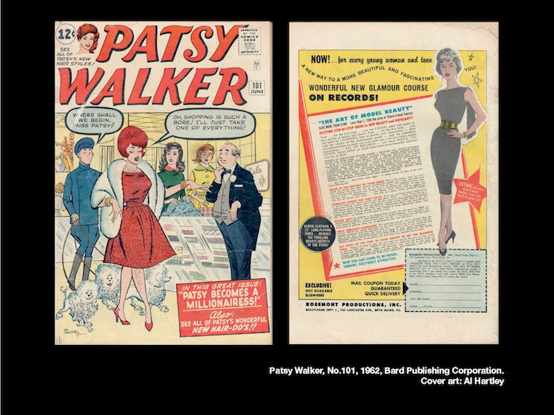 Two covers of Patsy Walker comics, Patsy is a stylish redhead wearing glamorous dresses. 