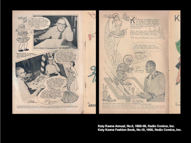 Pages from Katy Keene Annual, 1958/9; photographs of the artist working on the comic illustrations. 