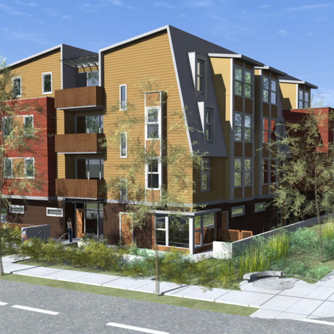 3D rendering of Yellow, orange and brown multi-unit housing development located on a former parking lot