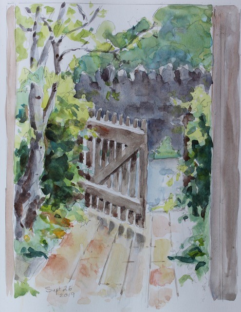 original artwork of a gate and trees
