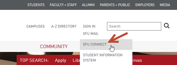Screenshot showing link to SFU Connect from Sign In dropdown on SFU Web Site Homepage