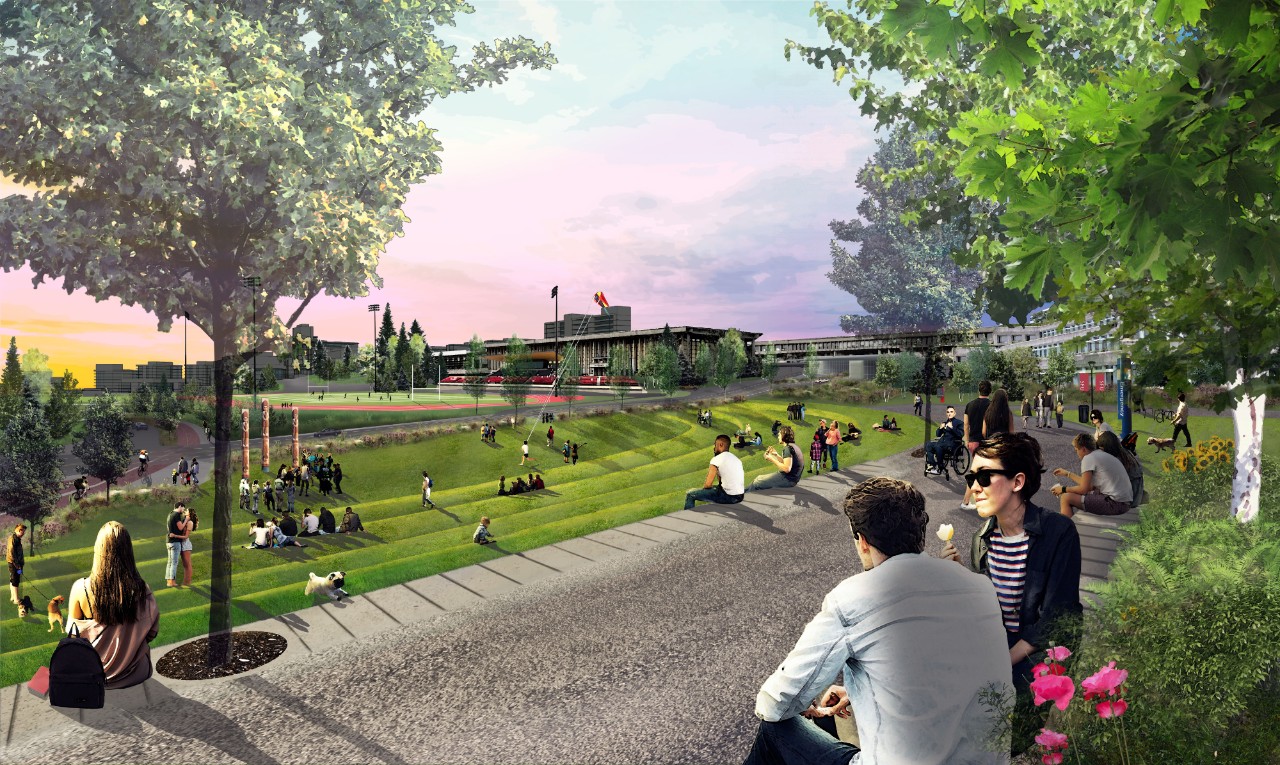 An artist's rendition of The Fields - people gather at sunset in small groups overlooking a green field, with SFU’s AQ in the distance.