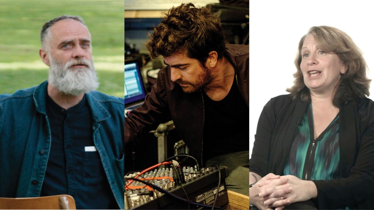 A composite photo of three headshots. From left to right: Steven Hill wearing a blue shirt with a field of grass behind him, Mauricio Pauly bending over to adjust a soundboard, and Marla Eist wearing a green-and-black shirt against a white background.