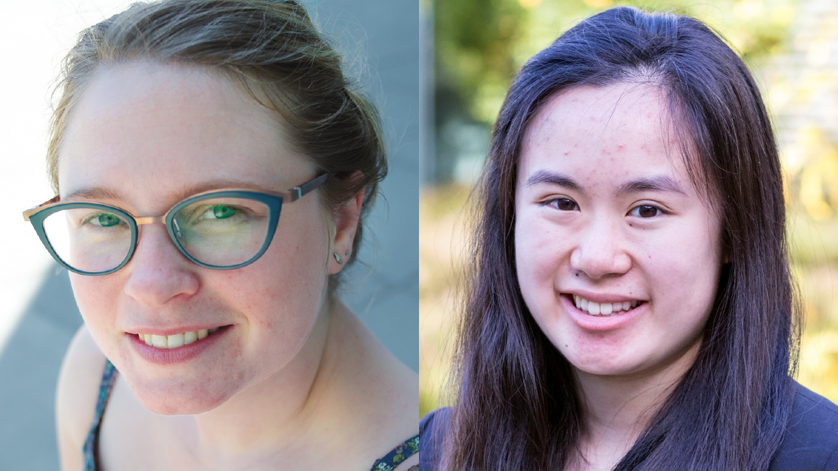 A composite photo of two people. Julia Lane smiles at the camera wearing blue glasses with her hair up in a bun, and Emily Lam smiles at the camera wearing a black shirt against a background of green foliage.  