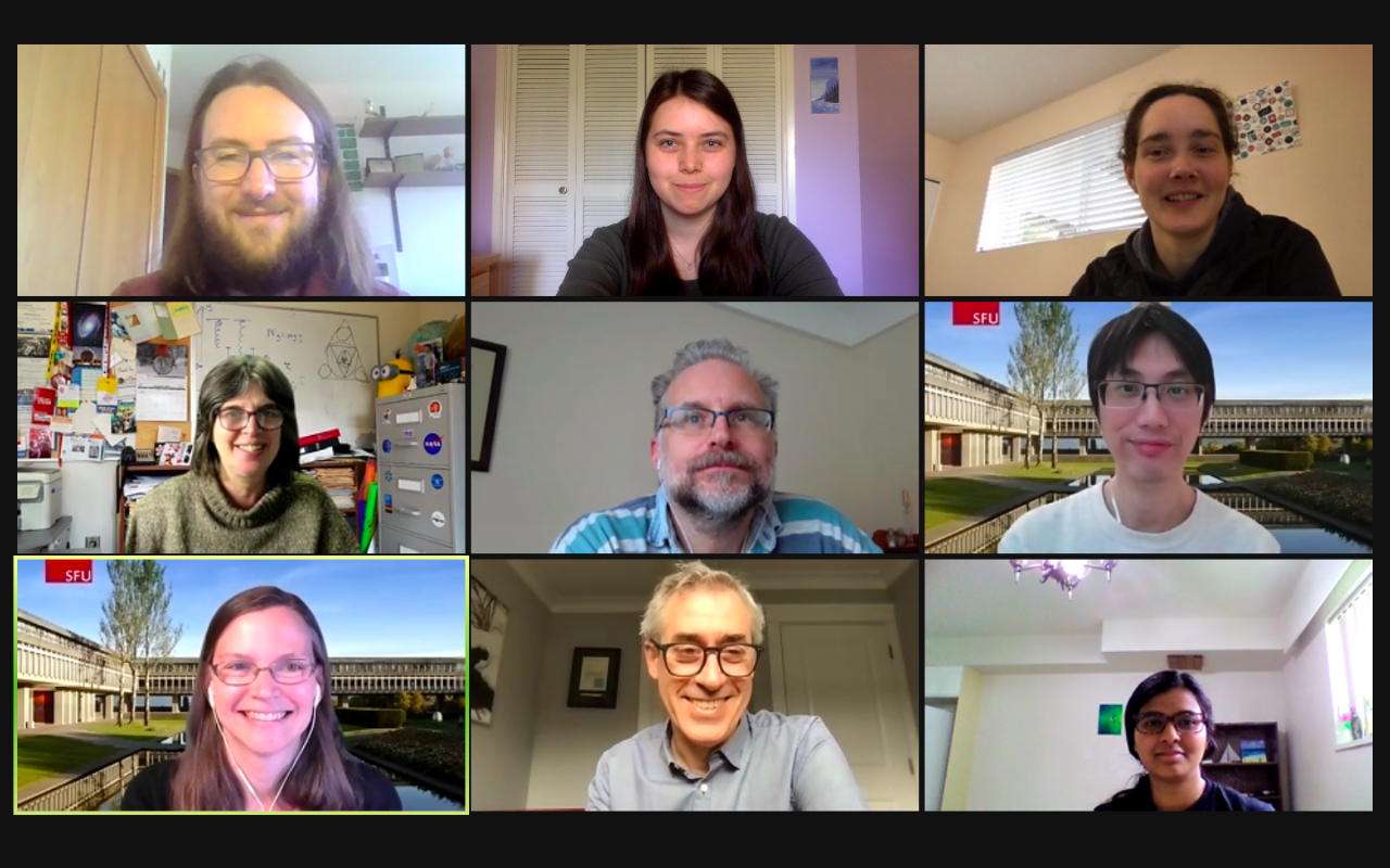 A screenshot of a Zoom meeting attended by members of the SFU Physics IDEA Team. They are all smiling at the camera, arranged in a 3x3 grid.