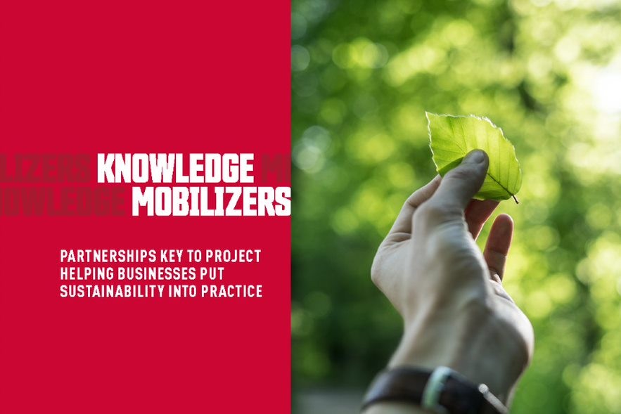 (Left) "Knowledge mobilizers" written in block letters against red background, (right) hand holding green leaf