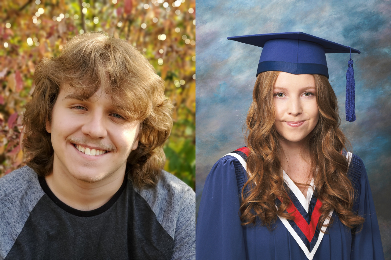Tyler McClellan, left, smiles at the camera wearing a grey shirt. Sierra Carmichael, right, poses for a picture wearing a graduation cap and gown.