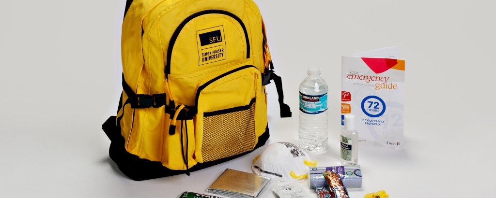 photo of yellow SFU backpack with emergency supplies