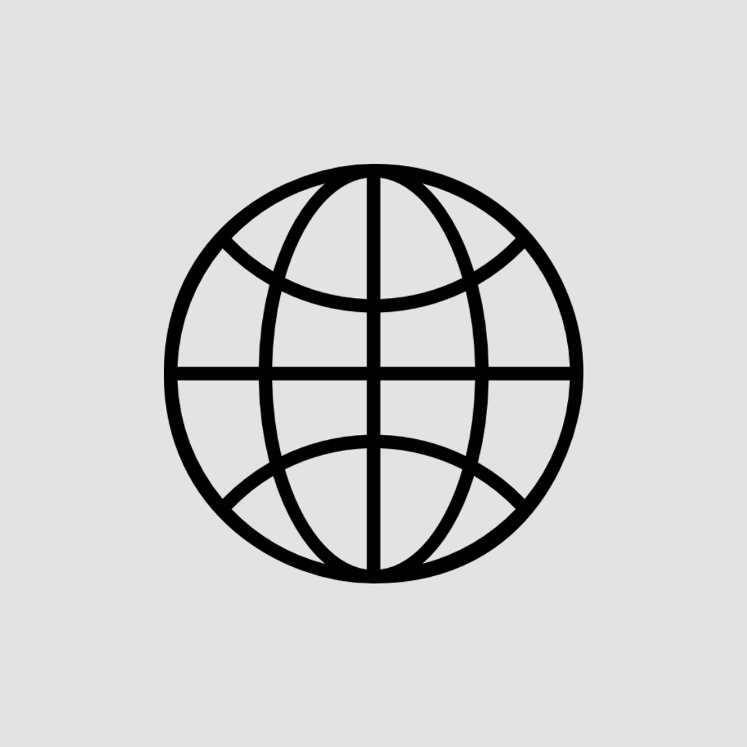 Black globe icon on a grey background.