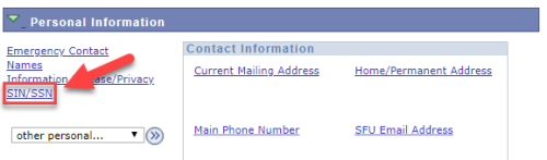 Screenshot of where to enter SIN information in your Student Record on goSFU