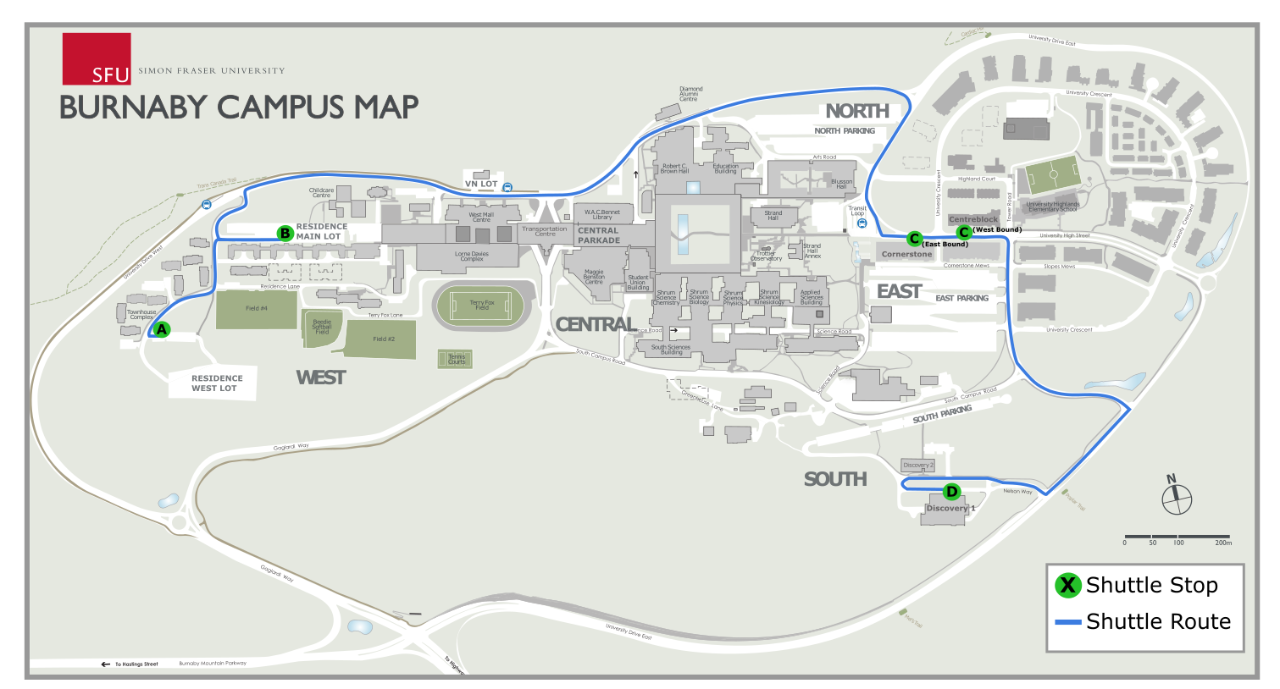 An illustrated map displaying the route of the inter-campus shuttle on SFU's Burnaby campus.