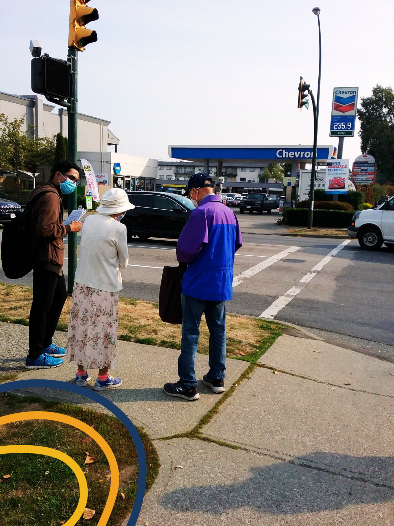 Research assistant talking to participants at the corner of an intersection