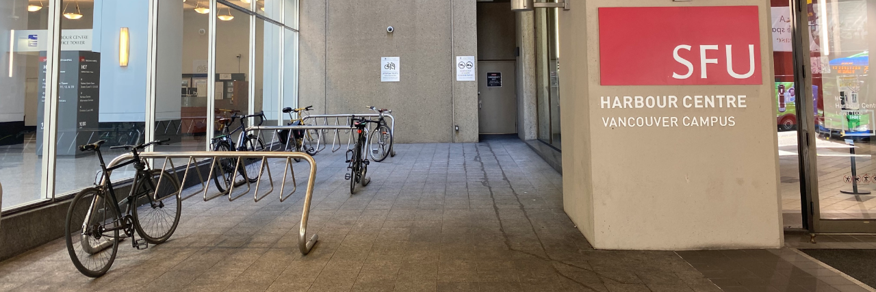 Bike racks outside of main entrance to Harbour Centre on Hastings Street