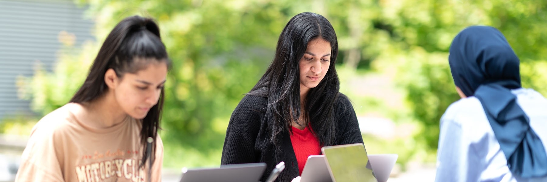 Three students studying using laptops outdoors
