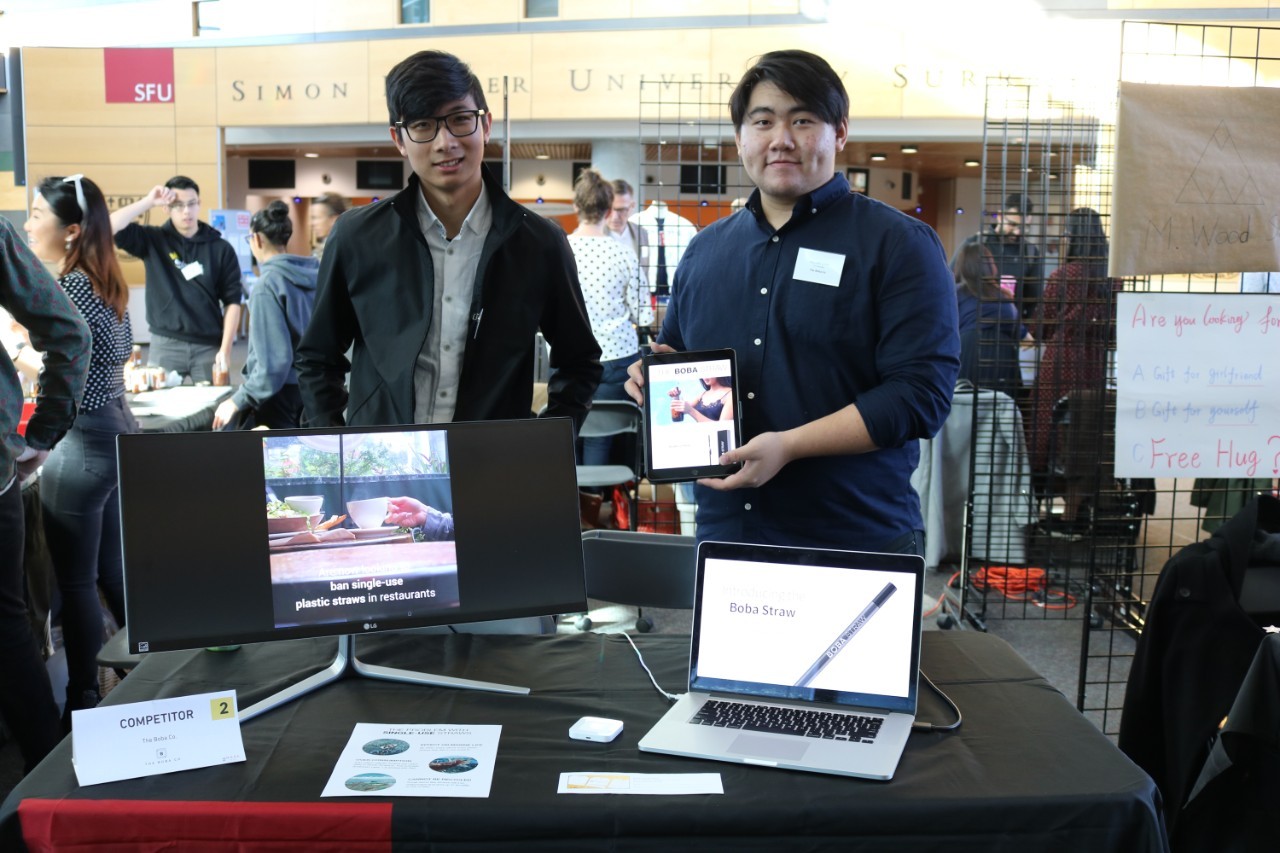 Eden Ding and William Jiang, founders of The Boba Co., with their first product, the Boba Straw, during the #MadeBySFU product fair at SFU's Surrey campus.