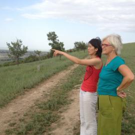 Aida Abdykanova and Caroline Beebe, overlooking Bishkek. 