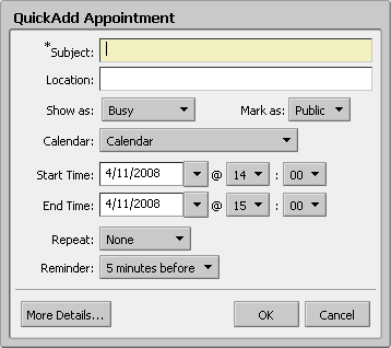 QuickAdd Appointment Menu