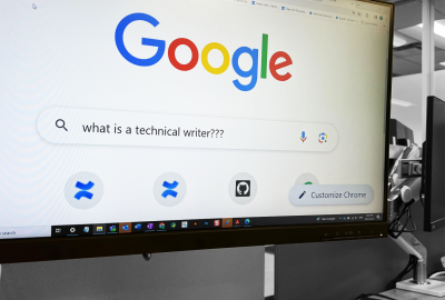 Image of computer monitor displaying Google. "What is a technical writer???" is written into Google search bar. 