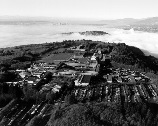 Black and white photo (Aerial shot of Burnaby campus)