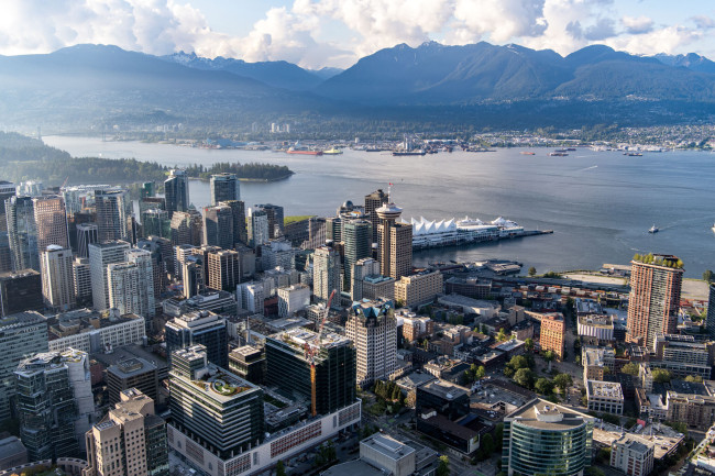 Aerial photo of downtown Vancouver and SFU's Vancouver campus