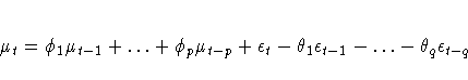 {\mu}_{t}={\phi}_{1}{\mu}_{t-1}+{ ... }+{\phi}_{p}{\mu}_{t-p}+{\epsilon}_{t}
-{\theta}_{1}{\epsilon}_{t-1}-{ ... }-{\theta}_{q}{\epsilon}_{t-q}