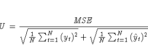 U=\frac{MSE}
{\sqrt{{1 \over N}\sum_{t=1}^N{(y_{t})^2}} +
\sqrt{{1 \over N}\sum_{t=1}^N{( \hat{y}_{t})^2}}}