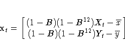 x_{t} =
[\matrix{ (1-B)(1-B^{12})X_{t} - {\overline x} \cr
 (1-B)(1-B^{12})Y_{t} - {\overline y} }]