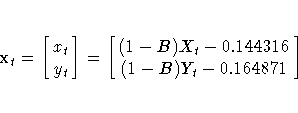 x_{t} =
[\matrix{x_{t} \cr y_{t} }] =
[\matrix{(1-B)X_{t} - 0.144316 \cr (1-B)Y_{t} - 0.164871 }] 