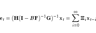e_{t}
= (H(I-B{F})^{-1}G)^{-1}x_{t}
= \sum_{i=0}^{{\infty}}{{\Xi}_{i}x_{t-i} }