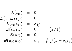 E( {\epsilon}_{it})&=&0 \cr
E( u_{i,t-1} {\epsilon}_{jt})&=&0 \cr
E( {\epsilon...
...r
E( u_{i0} u_{j0})&=& {\sigma}_{ij}={\phi}_{ij}/(1- {\rho}_{i}
{\rho}_{j})