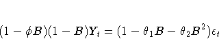(1-{\phi}B)(1-B)Y_{t} = (1-{\theta}_{1}B-{\theta}_{2}B^2)
{\epsilon}_{t}