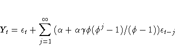 Y_{t} = {\epsilon}_{t}
+ \sum_{j=1}^{{\infty}}{({\alpha} + {\alpha}{\gamma}
{\phi}({\phi}^j - 1)/({\phi} - 1))
{\epsilon}_{t-j}}