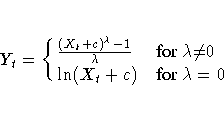 Y_{t} = \cases{
\frac{(X_{t}+c)^{{\lambda}}-1}{{\lambda}}
& \rm{for }{\lambda}{\neq}0\space \cr
{\ln}(X_{t}+c) & \rm{for }{\lambda}=0\cr}