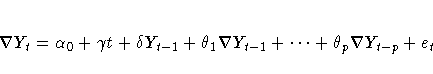 {\nabla}Y_{t} = {\alpha}_{0} + {\gamma}t +
{\delta}Y_{t-1} + {\theta}_{1}{\nabla}Y_{t-1}
+ { ... } + {\theta}_{p}{\nabla}Y_{t-p} + e_{t}