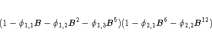 (1-{\phi}_{1,1}B-{\phi}_{1,2}B^2-
{\phi}_{1,3}B^5) (1-{\phi}_{2,1}B^6
-{\phi}_{2,2}B^{12})