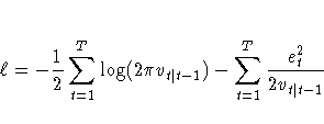 \ell = -\frac{1}2\sum_{t=1}^T \log(2\pi v_{t| t-1})
- \sum_{t=1}^T \frac{e_t^2}{2v_{t| t-1}}