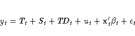 y_t = T_t + S_t + T\!D_t + u_t + x^'_t\beta_t + \epsilon_t