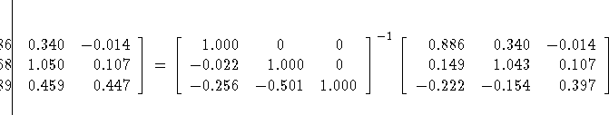 \hspace*{-.9in}
 [0.886 & 0.340 & -0.014 \ 0.168 & 1.050 & 0.107 \ 0.089 & 0.459...
 ...1}
 [0.886 & 0.340 & -0.014 \ 0.149 & 1.043 & 0.107 \ -0.222 & -0.154 & 0.397
 ]