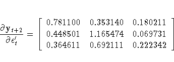 \frac{\partial{y}_{t+2}}{\partial\epsilon^'_t} =
 [0.781100 & 0.353140 & 0.180211 \ 0.448501 & 1.165474 & 0.069731 \ 0.364611 & 0.692111 & 0.222342
 ]